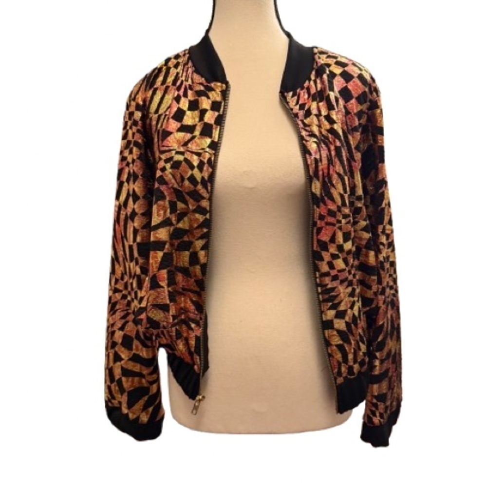 Vintage 80s Metallic womens Bomber Jacket Psychedelic Illusion Print Black Gold - Picture 4 of 11